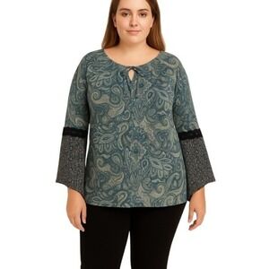 CATO Boho Blouse Top XL Teal Paisley Lace Trim Romantic Cottagecore Whimsigoth